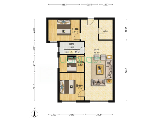 鸿坤理想湾南区 3室2厅 南-户型图