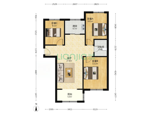 精装三居 看房有钥匙，高铁片区，价格可议-户型图