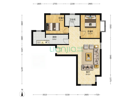 鸿坤理想湾 2居室 环境好 采光好 南北通透格局-户型图