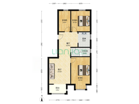 天地新城 一梯两户 南北三居 采光充足-户型图