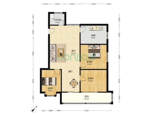 遵义巷14号 3室1厅1卫 109平方