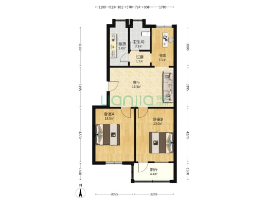 电影公司宿舍 3室1厅1卫 62平方