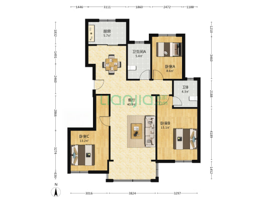 福新苑 3室1厅2卫 136平方