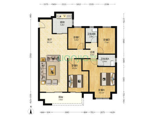 海伦堡玖悦府 4室1厅2卫 129平方
