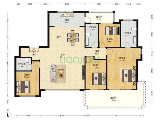 绿城紫棠苑 4室1厅3卫 182平方