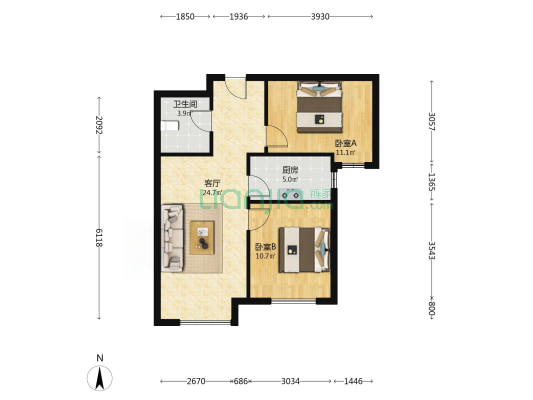 高铁新干线 2室2厅 南-户型图