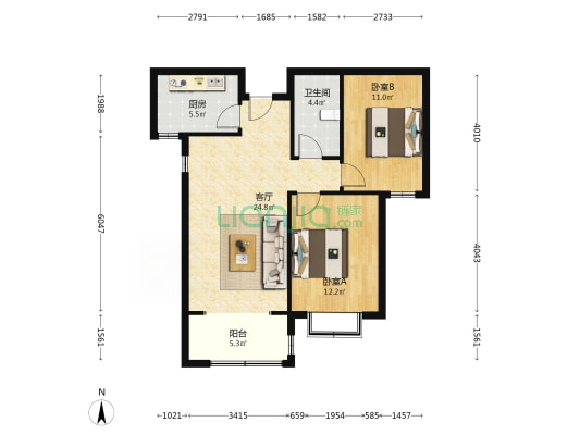 凯兴悦享城 2室1厅 南-户型图
