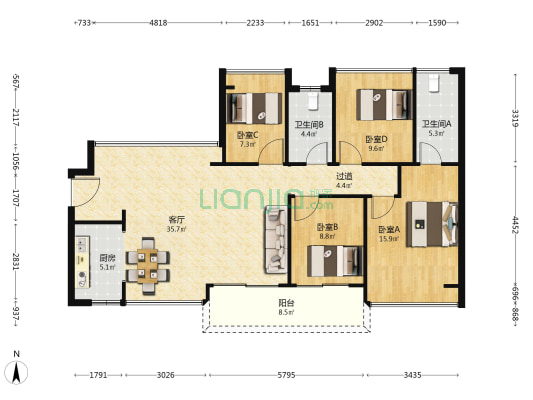 粤港湾华堂里1号 4室1厅2卫 119平方
