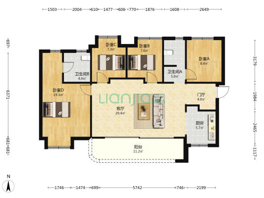 隆腾公园城 4室1厅2卫 129平方