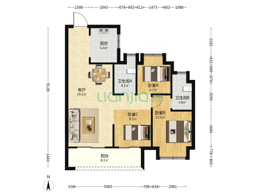宝业璞园 3室1厅2卫 98平方