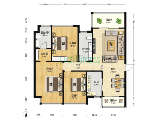 滨海丽景二期 3室1厅2卫 127平方