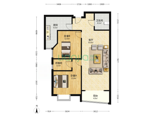开发区 君临天下御景园  全南两居室-户型图