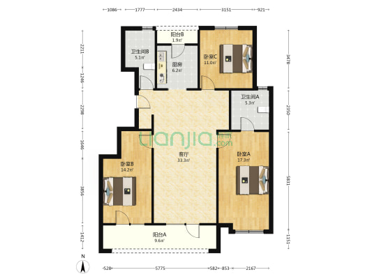 印象城洋房三居室，南北通透，明厨明卫-户型图