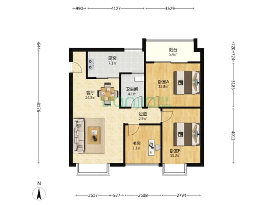 新猎鹰公寓 3室1厅1卫 95平方