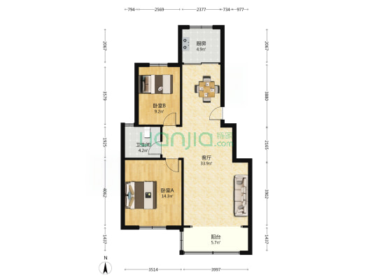 七里庙小区三区 2室1厅1卫 100平方