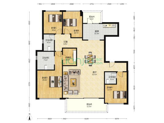悦湖菁领汇 4室1厅3卫 179平方