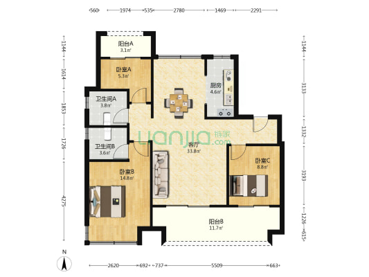 优邑珺和 3室1厅2卫 109平方