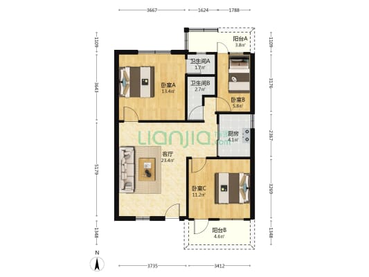 果菜公司商住楼 3室1厅2卫 86平方