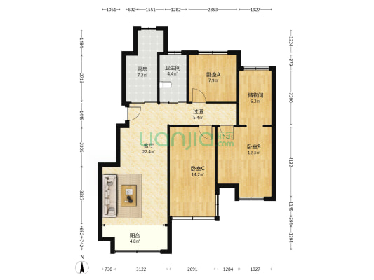 文一名门云河湾东区 3室1厅1卫 98平方