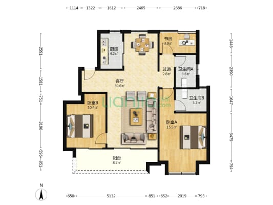 花间苑 3室1厅2卫 108平方