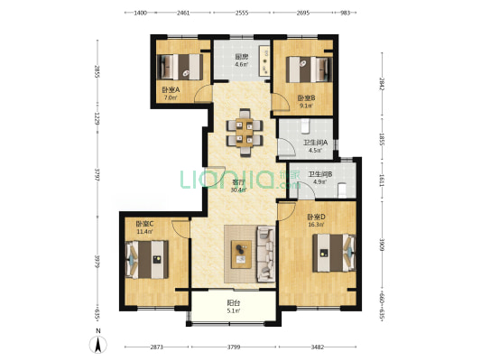 禹洲嘉誉东境 4室1厅2卫 118平方