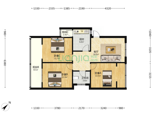 鸥鹏大道380号 3室1厅1卫 83平方