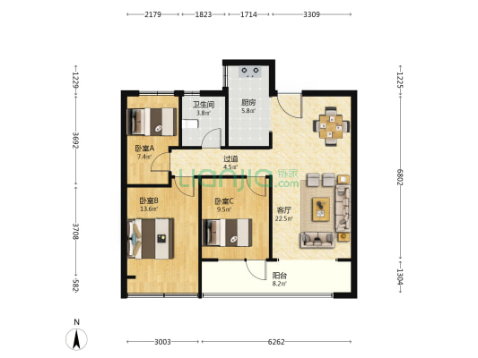 理想之城·蘭园 3室1厅1卫 105平方