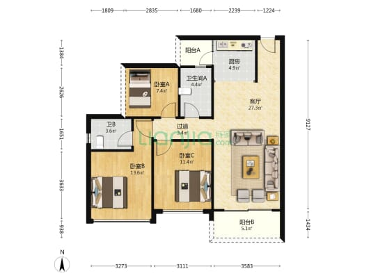 水岸香洲三期四期 3室1厅2卫 100平方