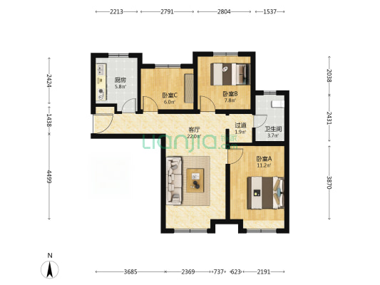 信达国子郡 3室1厅1卫 88平方