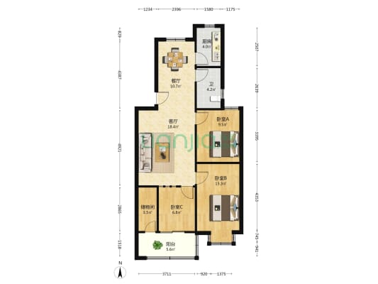 枇杷塘社区 3室2厅1卫 90平方