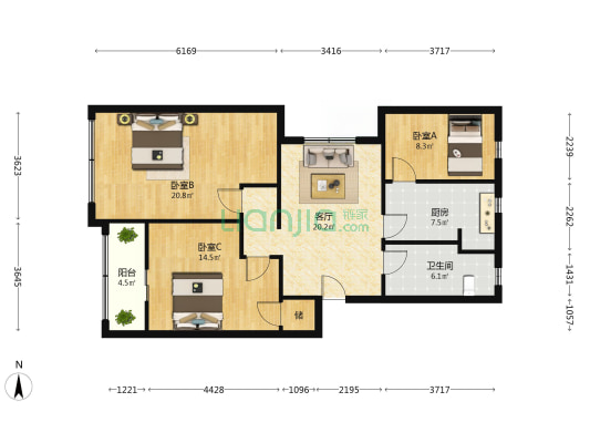 公园路 3室1厅1卫 100平方