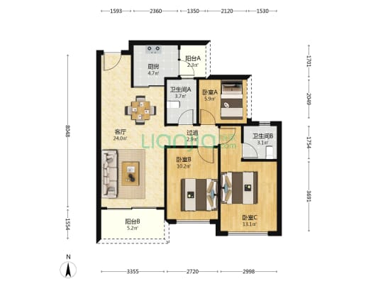 大坤时代豪庭 3室1厅2卫 90平方