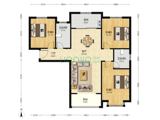 北京地铁云邸 3室1厅2卫 127平方