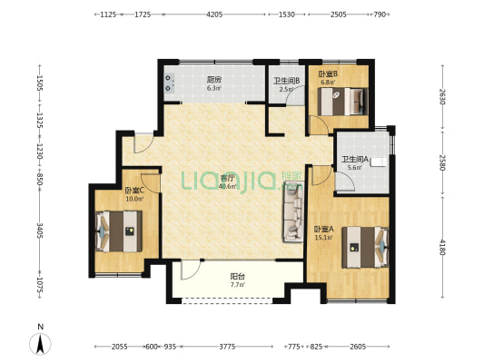 三面朝南的户型，采光面更广，冬天暖和-户型图