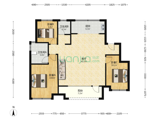 三面朝南的户型，采光面更广，冬天暖和。-户型图