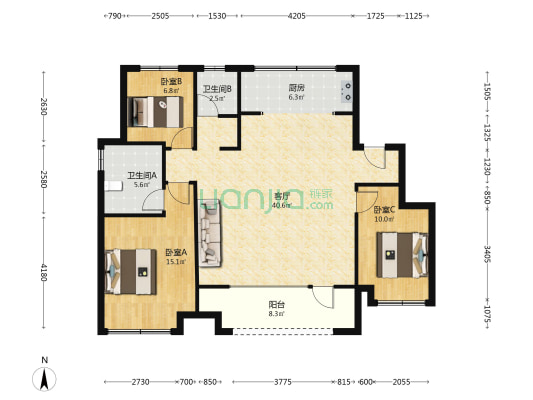 三面朝南的户型，采光面更广，冬天暖和。-户型图