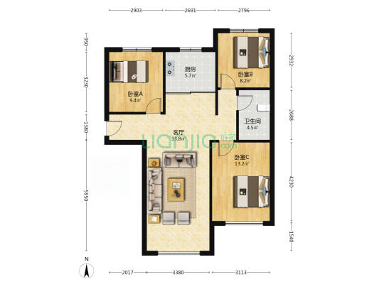K2狮子城南区 3室2厅 南 北-户型图