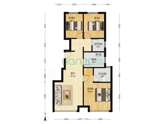 有房本，精装修，南北通透双卫三居室，采光充足-户型图