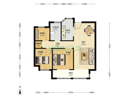 南湖月亮湾 3室1厅1卫 96平方