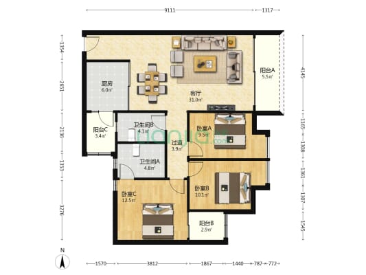 福民佳园 3室1厅2卫 118平方