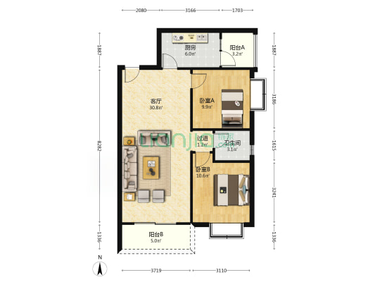万圣家园C区 2室1厅1卫 88平方