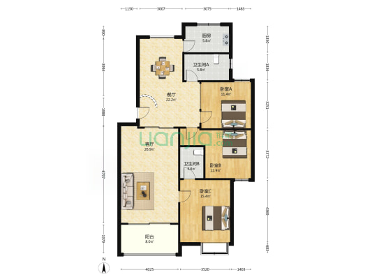 金帝文源广场 3室2厅2卫 130平方