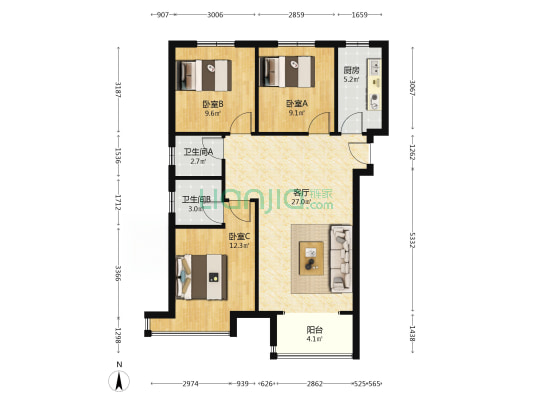 小乔书苑 3室1厅2卫 108平方