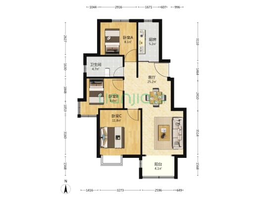 中海铂悦公馆 3室1厅1卫 93平方