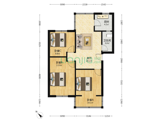 玉华村8号 3室1厅1卫 74平方