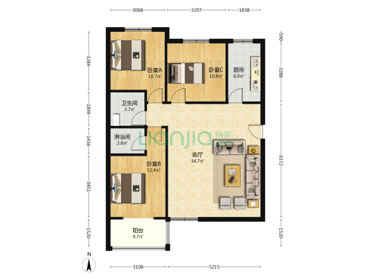 翔天万和城 南北通透三居 精装修自住 南北通透-户型图