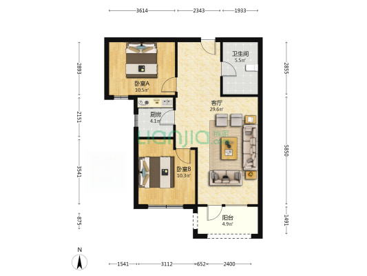 此房满二，集中供暖，好楼位，中间楼层，采光全天-户型图
