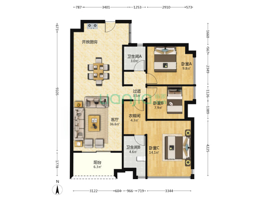 保利东郡二期 3室1厅2卫 114平方