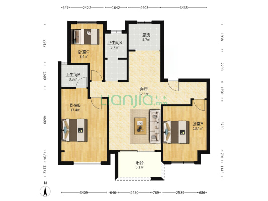 蒲公英西苑 3室1厅2卫 127平方