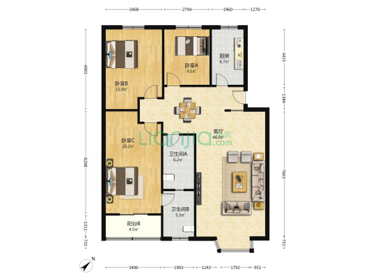 文体小区 3室1厅2卫 134平方